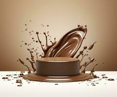 Chocolate splash with a podium, mockup background for milk product display, 3d. Generative AI photo