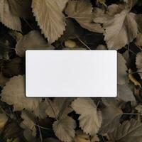 Blank business card on green leaves background. Generative AI photo