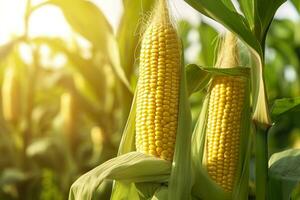 Closeup corn cobs in corn plantation field. Generative AI photo