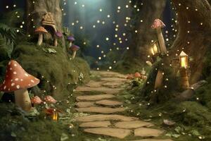 background fairy wood with a single path, zoom on a small portion of the path and add trees, moss, fireflies and mushrooms as additional decorations. AI Generative photo