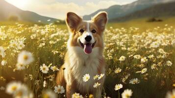Charming corgi dog with flowers in the spring. Generative AI photo