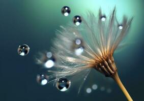 Beautiful dew drops on a dandelion seed macro. Beautiful blue background. Generative AI photo