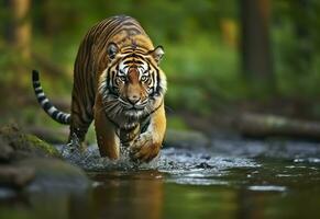 Amur tiger walking in the water. Dangerous animal.  Animal in a green forest stream. Generative AI photo