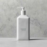 Cosmetic rounded all white soap bottle mockup on white table. AI Generative photo