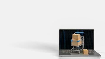 The trolley and box on notebook for e commerces concept 3d rendering photo