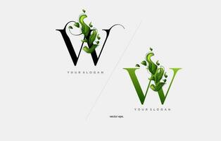 the letter w and the letter w with leaves vector