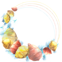 Watercolor marine wreath with red and yellow buoys, rope and bollard in the sea water. Hand drawn illustration of Round Frame. For travel booklet cards, flyers, invitation png