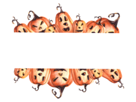 Lycklig halloween pumpa skrämmande ansikte. fyrkant ram, baner med orange vattenfärg fläckar. höst vattenfärg illustration hand målning. halloween firande kort, flygblad, baner png