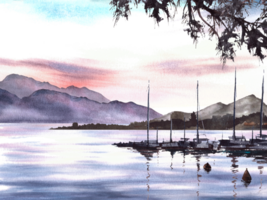 adriatic Meer Aquarell Landschaft mit Silhouette von Berge, Hafen, Yachten, Angeln Boote und Meer Bojen mit Betrachtung. Illustration Hand gezeichnet. zum Ihre Banner, Flyer, Broschüre, Postkarte. png