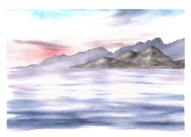 Nautical watercolor landscape. Adriatic seascape, sunset sky, mountain silhouettes, reflection. Hand drawn illustration. For postcards, printing, poster, photo wallpaper png