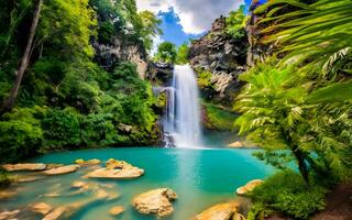 Cascading Waterfall Symphony, A Captivating Snapshot of Nature's Majestic Power Amidst Lush, Verdant Canopies. AI Generated photo