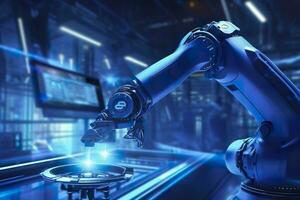 Arm robot working with Screen monitor control industrial machine robot arm line. Generative AI photo