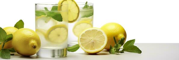 Lemonade in a glass with fresh lemons and mint. Cold summer drink with copy space. Generative AI photo