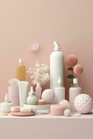 Pastel Skincare Products Arranged in a White Bathroom. Barbiecore Bright Palette Makeup Banner. AI Generative photo