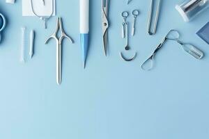 top view on various medical equipment, light blue background, copy space, AI Generative photo