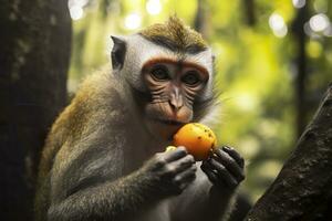 cerca arriba de mono comiendo Fruta en el selva. generativo ai foto