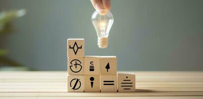 Creative idea, solution and innovation concept. Idea generation for business development. Wooden cube blocks with light bulb and cycle icons on clean background and copy space. AI Generative photo