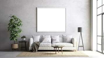 Modern cozy mock up and decoration furniture of living room and empty canvas frame on the white wall texture background, 3D rendering. AI Generative photo