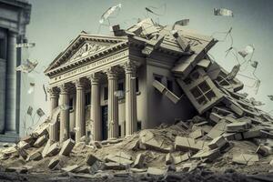 Bank collapse. A bank or financial institution, going down failing or collapsing. Generative AI photo