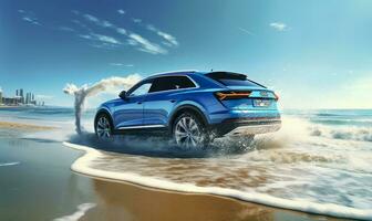 Compact SUV car and modern design on concrete road at the sea of beautiful sunset background , Front view of luxury new SUV car, AI Generative photo