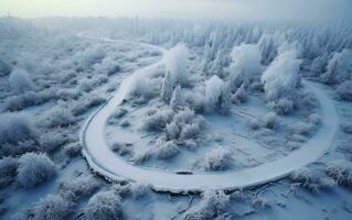 aéreo ver de un bosque por nieve cubierto la carretera foto