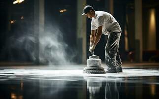 A man is laying cement on a floor photo