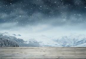 Wooden wood board and snow background photo