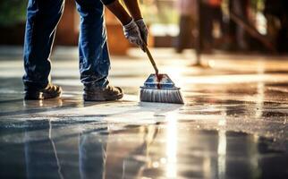 A man is laying cement on a floor photo