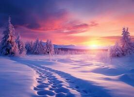 The sunset at sunrise over the snowy landscape photo