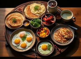 desayuno plato con frutas y comida foto