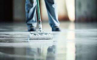 A man is laying cement on a floor photo