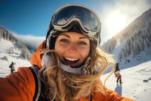 In snowy weather winter skiing season snowboarders happy for selfies winter photo