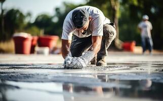 A man is laying cement on a floor photo