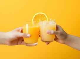 Hand with glass of orange juice photo