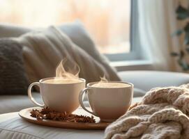 Cozy winter background with cup od coffee photo