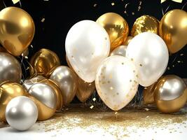 cumpleaños dorado y plata globos regalo cajas . generativo ai foto