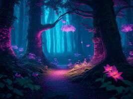 Dark forest in the night, neon colors. Generative AI photo