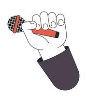 Holding microphone linear cartoon character hand illustration. Singing karaoke outline 2D vector image, white background. Standup event. Holding mic audio equipment editable flat color clipart