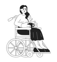 Wheelchair young adult woman holding coffee cup black and white 2D cartoon character. Disabled indian female sitting in chair isolated vector outline person. Monochromatic flat spot illustration