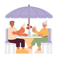 Dating elderly cartoon flat illustration. Bonding heterosexual couple 2D characters isolated on white background. Retired restaurant. Grandparents eating dinner romantic scene vector color image