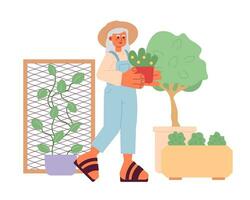 Elderly lady in garden cartoon flat illustration. Old gardener woman holding plant 2D character isolated on white background. Retired horticulturist. Grandmother gardening scene vector color image