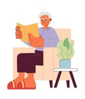 Senior reading book cartoon flat illustration. Elderly adult man armchair sitting with literature hardcover 2D character isolated on white background. Bookworm pensioner scene vector color image