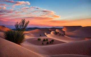 Dusky Desert Dreamscapes, A Captivating Portrait of Serene Tranquility in a Pristine Arid Landscape at Twilight. AI Generated photo