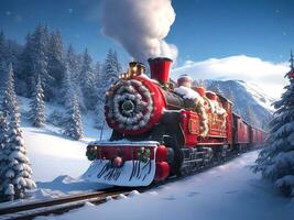 Steam train in winter. Generative AI photo