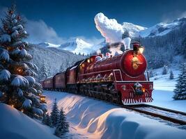 Steam train in winter. Generative AI photo