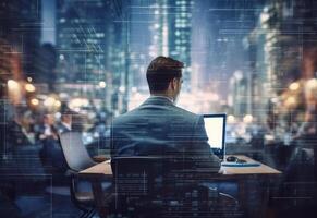 Ai generative double exposure photo of a business man using laptop on his desk front view office background realistic image, ultra hd, high design very detailed
