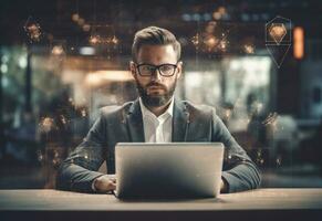 Ai generative double exposure photo of a business man using laptop on his desk front view office background realistic image, ultra hd, high design very detailed