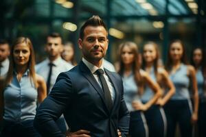 Ai Generative group of happy business man and business women, dressed in suits are smiling, in the office photo