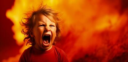 A child screaming in frustration isolated on a fiery red gradient background photo