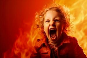 A child screaming in frustration isolated on a fiery red gradient background photo